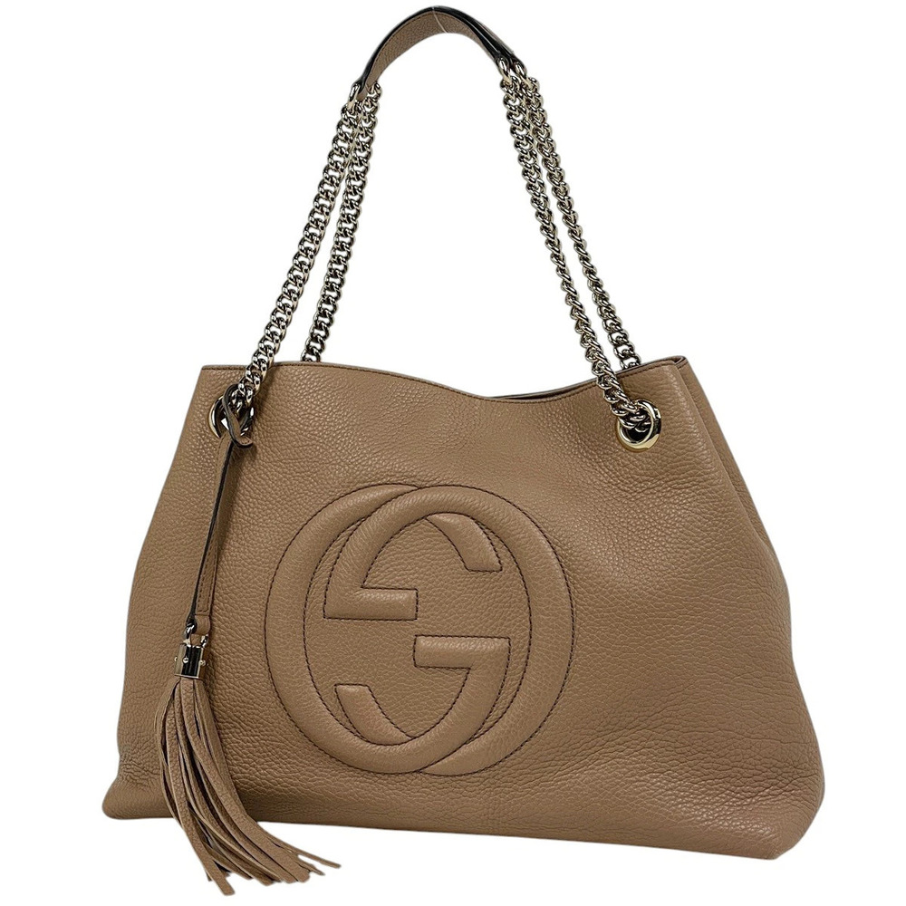 Gucci Soho Chain Shoulder Bag Tote Fringe Interlocking G Leather Beige Cream